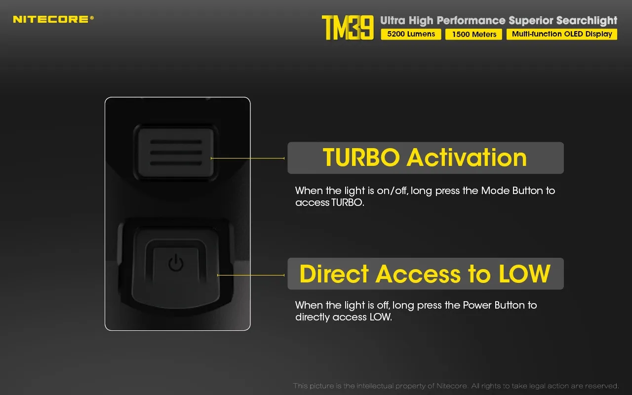 Close-up of Nitecore TM39 ultra high performance 5200 lumen 1500m rechargeable searchlight buttons for turbo and low access.