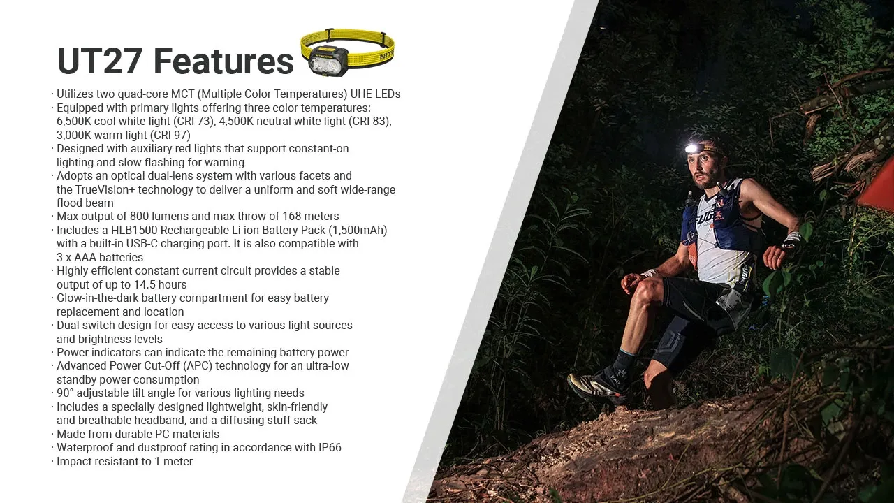 Detailed list of Nitecore UT27 headlamp features next to an image of a man trail running with the headlamp.