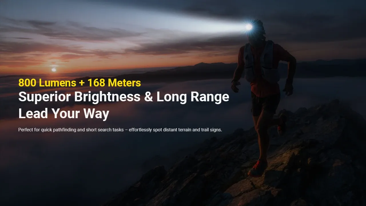 Nitecore UT27 headlamp illuminating a trail runner at dusk, emphasizing 800 lumens and 168 meters long range.