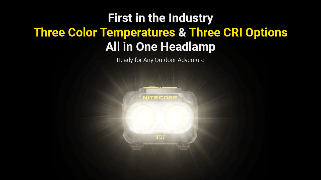 Nitecore UT27 headlamp glowing with bright light, highlighting its industry-first three color temperatures and CRI options.