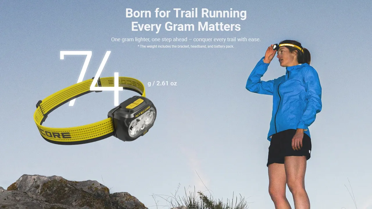 Woman outdoors with Nitecore UT27 headlamp, highlighting its lightweight design at 74 grams for trail running.