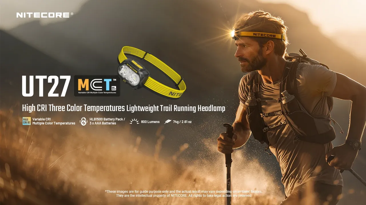Nitecore UT27 MCT high CRI three color temperature lightweight trail running headlamp with key features.