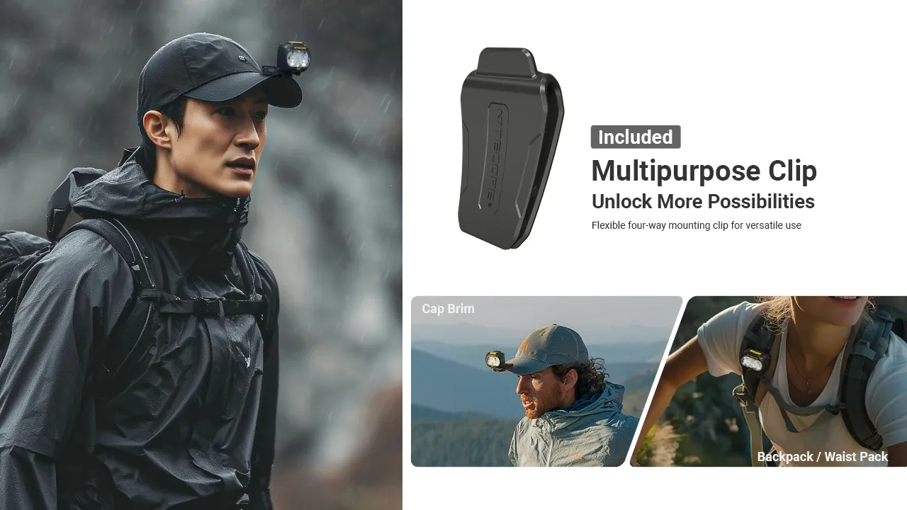 Man wearing Nitecore UT27 headlamp clipped to a cap, demonstrating the versatile multipurpose clip for cap or pack.