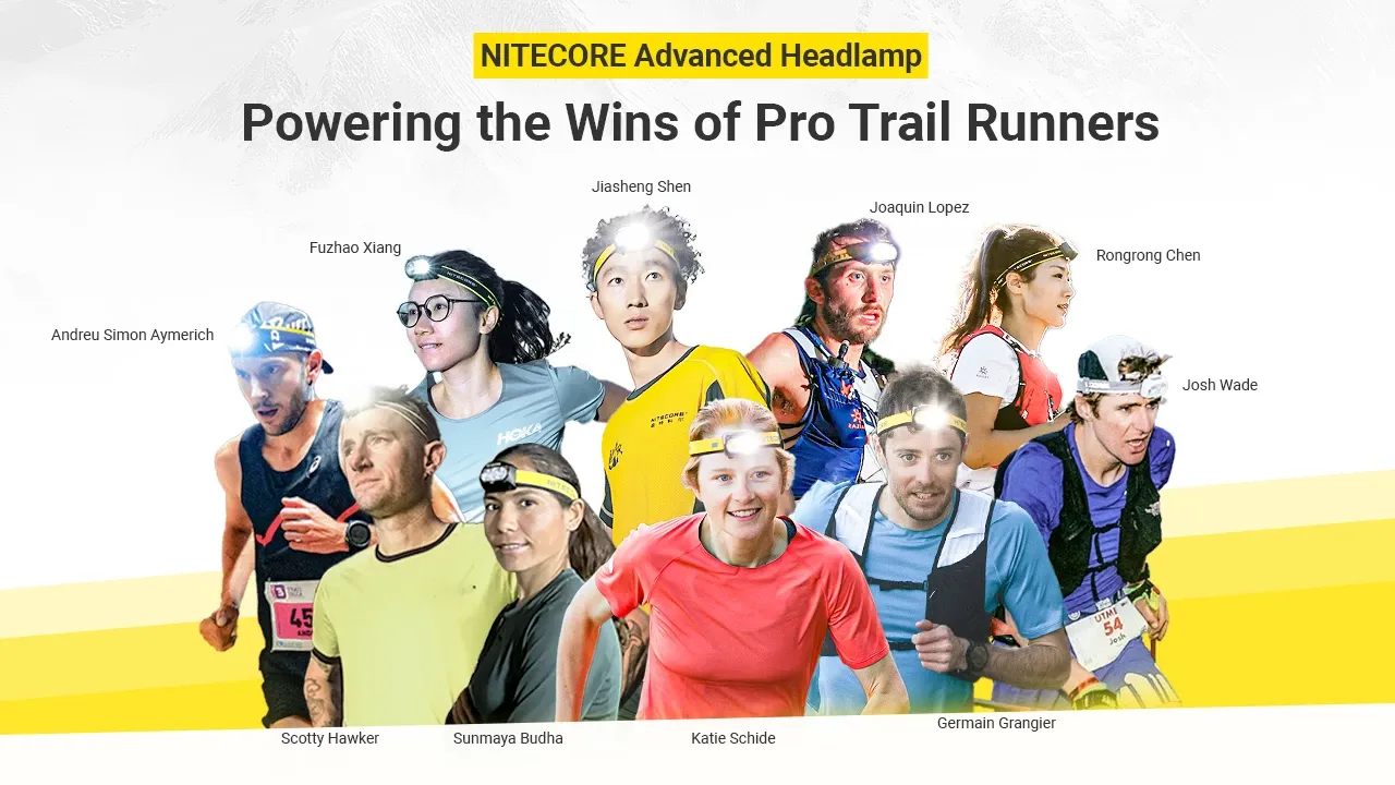 Group of professional trail runners wearing Nitecore UT27 headlamps, showcasing brand ambassadors.