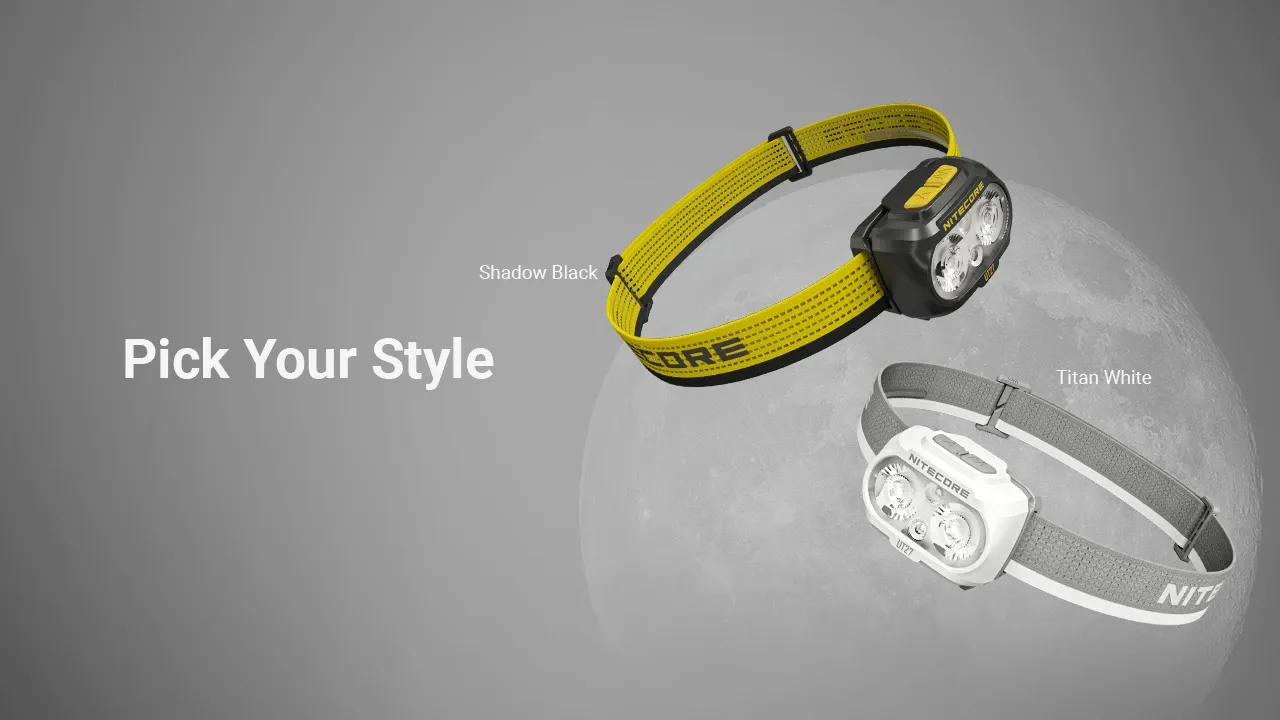 Nitecore UT27 headlamp available in two styles: Shadow Black with yellow headband and Titan White with grey headband.