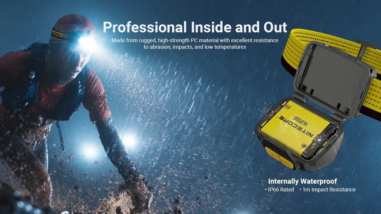 Nitecore UT27 headlamp in use during a rainy trail run, highlighting its IP66 waterproof and 1m impact resistance.