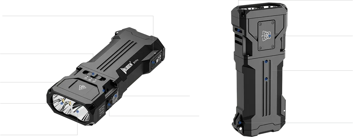 Two black NUBEN X1Pro flashlights displayed at different angles, showcasing their design.