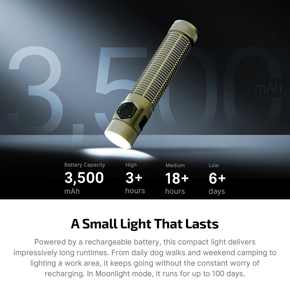 Olight Baton Ultra flashlight displaying 3,500 mAh battery capacity and runtimes of 3+ hours (high), 18+ hours (medium), 6+ days (low).