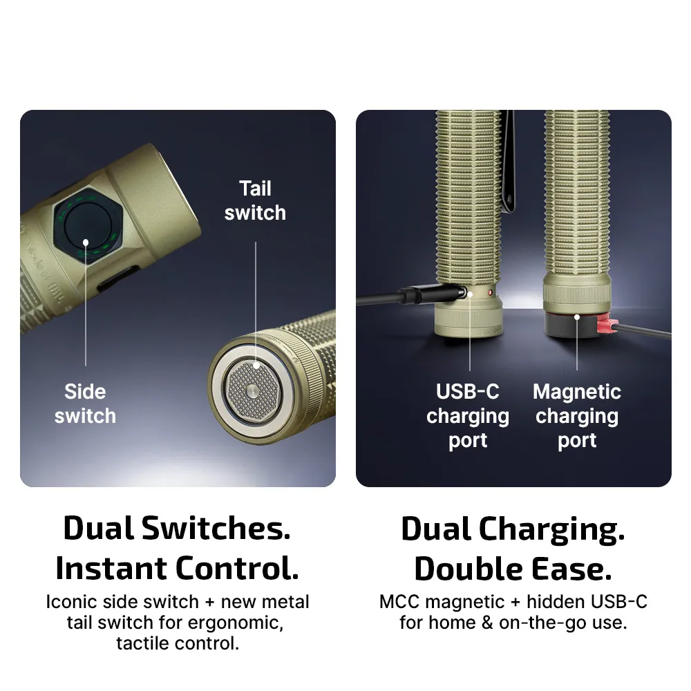 Olight Baton Ultra flashlight highlighting dual switches (side and tail) and dual charging options (USB-C and magnetic charging port).
