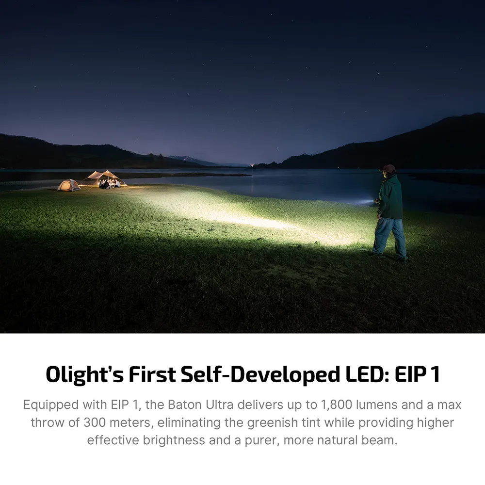 Olight Baton Ultra flashlight illuminating a campsite by a lake at night, demonstrating its powerful beam and EIP 1 LED.