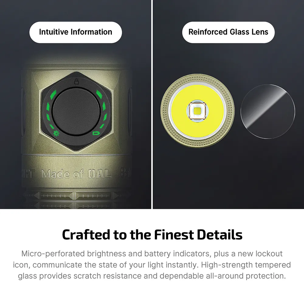 Olight Baton Ultra flashlight showing intuitive battery/brightness indicators on the side switch and a reinforced glass lens over the LED.