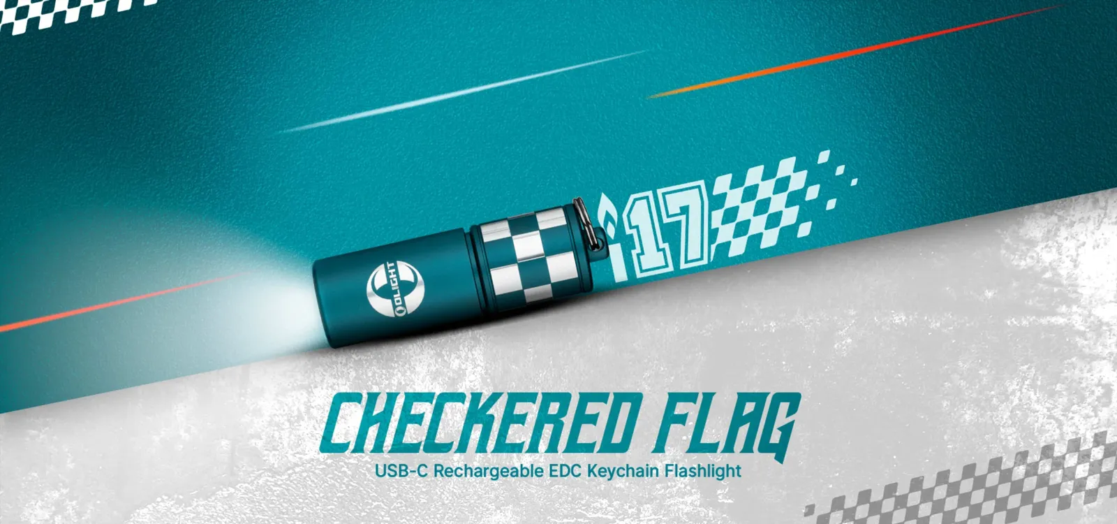 Olight i17 Checkered Flag Limited Edition Rechargeable Keychain Light emitting light, with "CHECKERED FLAG" branding.