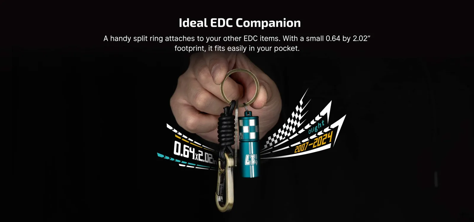 Hand holding the Olight i17 Checkered Flag Limited Edition Rechargeable Keychain Light, showing its compact EDC design.