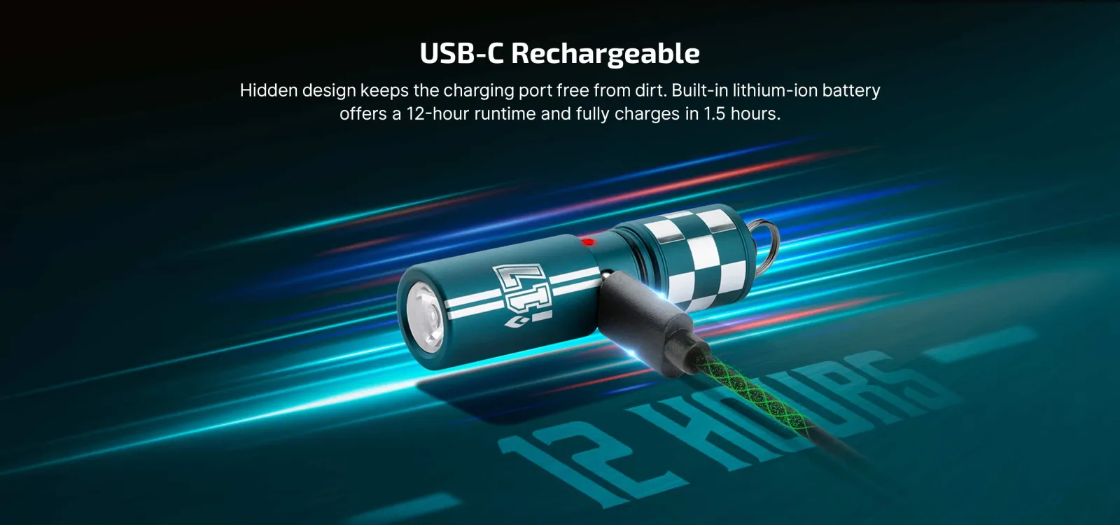 Olight i17 Checkered Flag Limited Edition Rechargeable Keychain Light charging via USB-C, highlighting its 12-hour runtime.