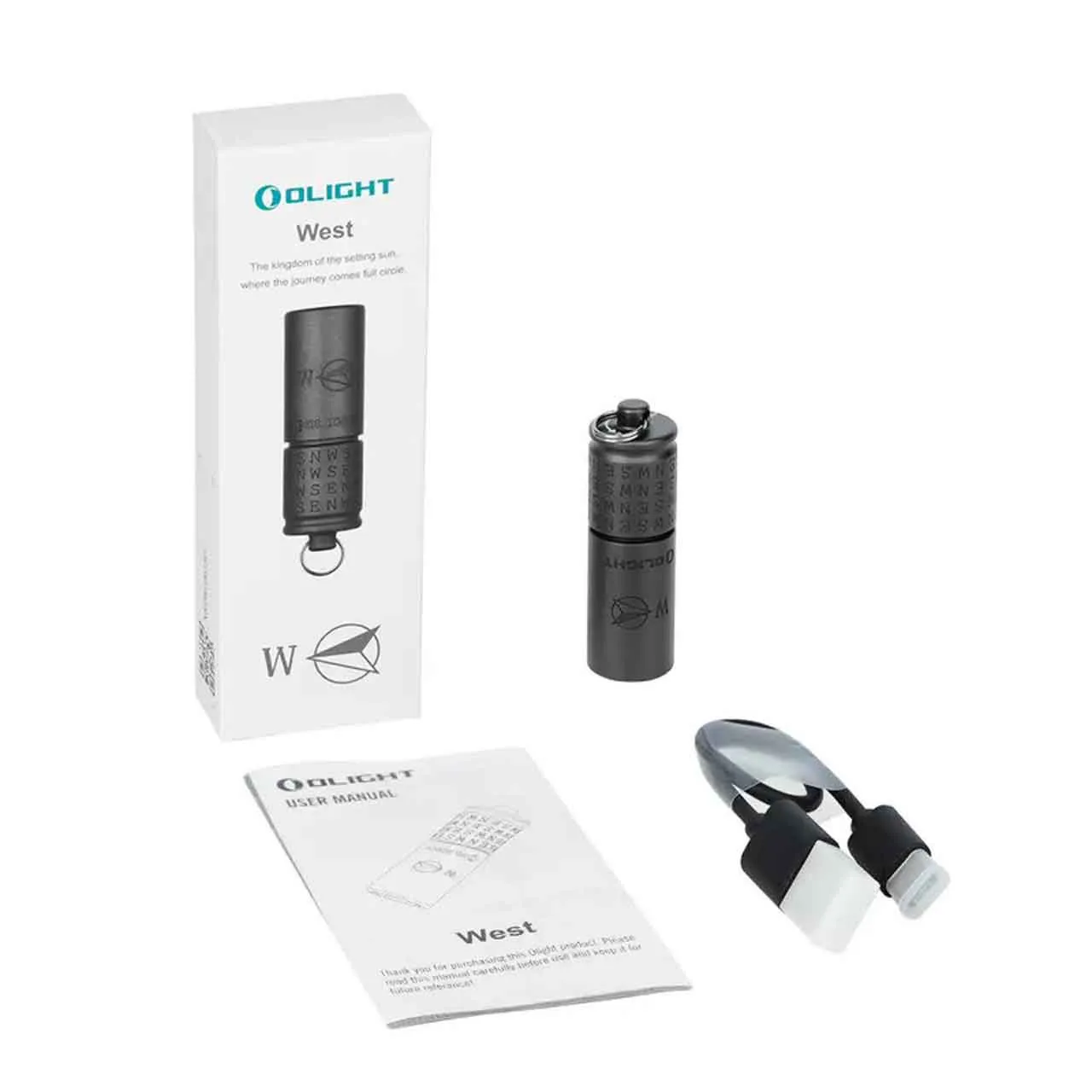 Olight i1R 2 Pro Cardinal Directions Limited Edition 180 Lumen Keychain Light (West) unboxed with manual and charging cable.