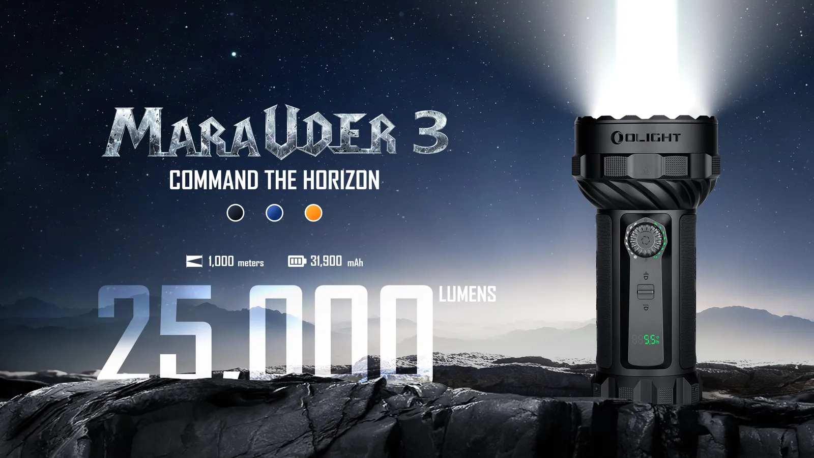 Olight Marauder 3 25000 Lumen Spot and Flood Rechargeable Torch hero shot with 25,000 lumens and 1,000m range.