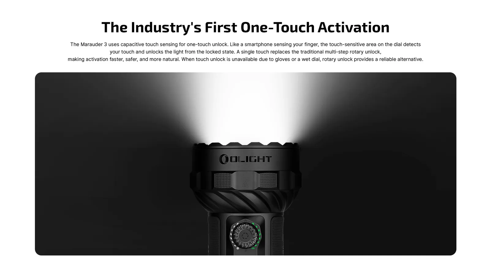 Close-up of the Olight Marauder 3 25000 Lumen Spot and Flood Rechargeable Torch head with one-touch activation.
