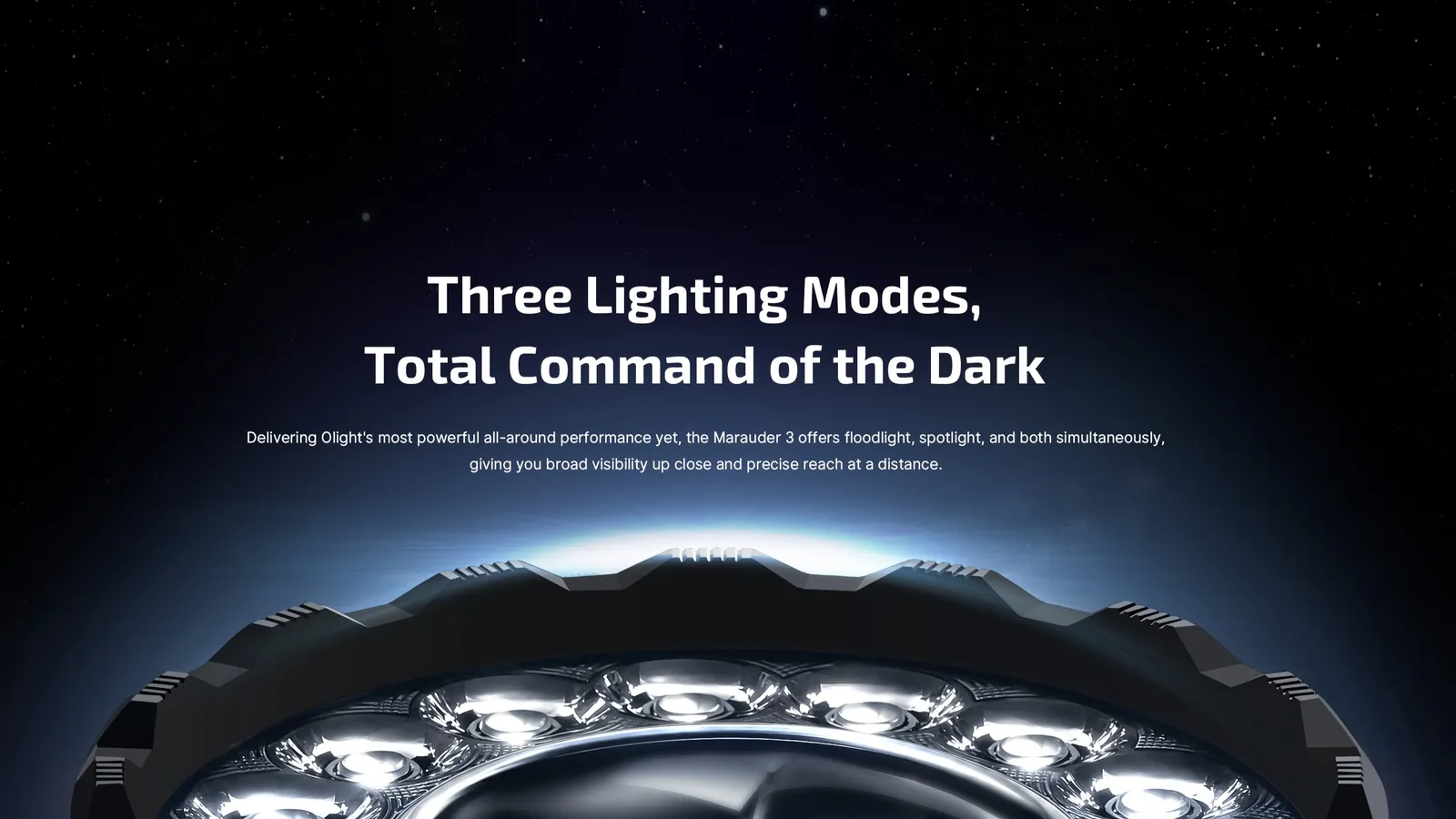 Olight Marauder 3 25000 Lumen Spot and Flood Rechargeable Torch head showing multiple LED lenses for three lighting modes.