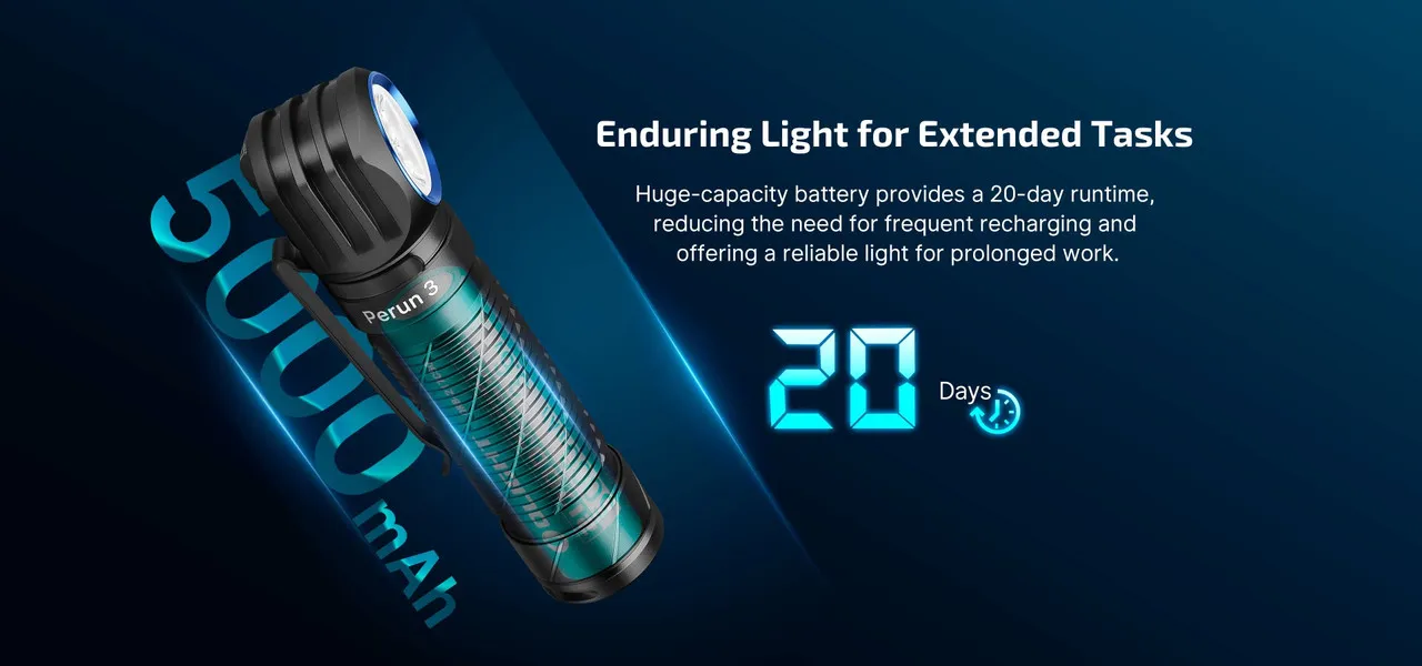 Olight Perun 3 High Performance 3000 lumen rechargeable headlamp with 5000 mAh battery and 20-day runtime.