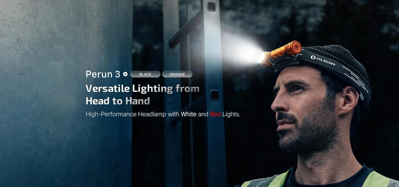 Olight Perun 3 High Performance 3000 lumen rechargeable headlamp worn by a man, shining bright white light.