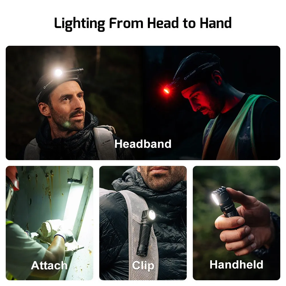 Olight Perun 3 High Performance 3000 lumen rechargeable headlamp used in various ways: headband, attach, clip, and handheld.