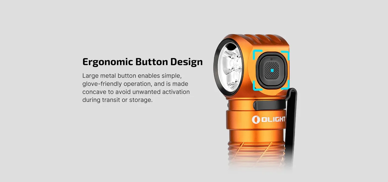 Close-up of the orange Olight Perun 3 High Performance 3000 lumen rechargeable headlamp, highlighting its ergonomic button design.