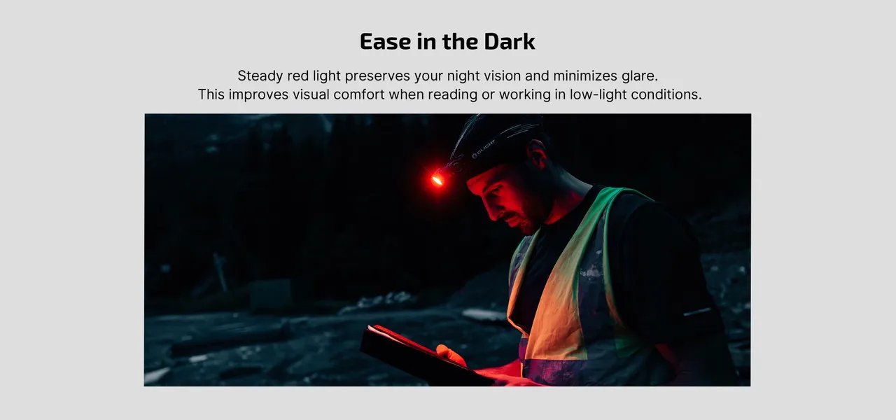Man wearing Olight Perun 3 High Performance 3000 lumen rechargeable headlamp with red light on, reading in the dark.