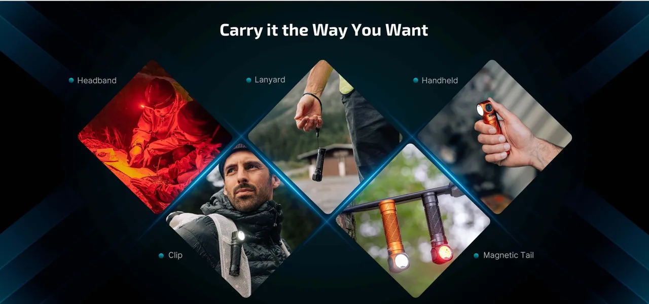 Olight Perun 3 High Performance 3000 lumen rechargeable headlamp shown in various carry modes: headband, lanyard, handheld, clip, magnetic tail.
