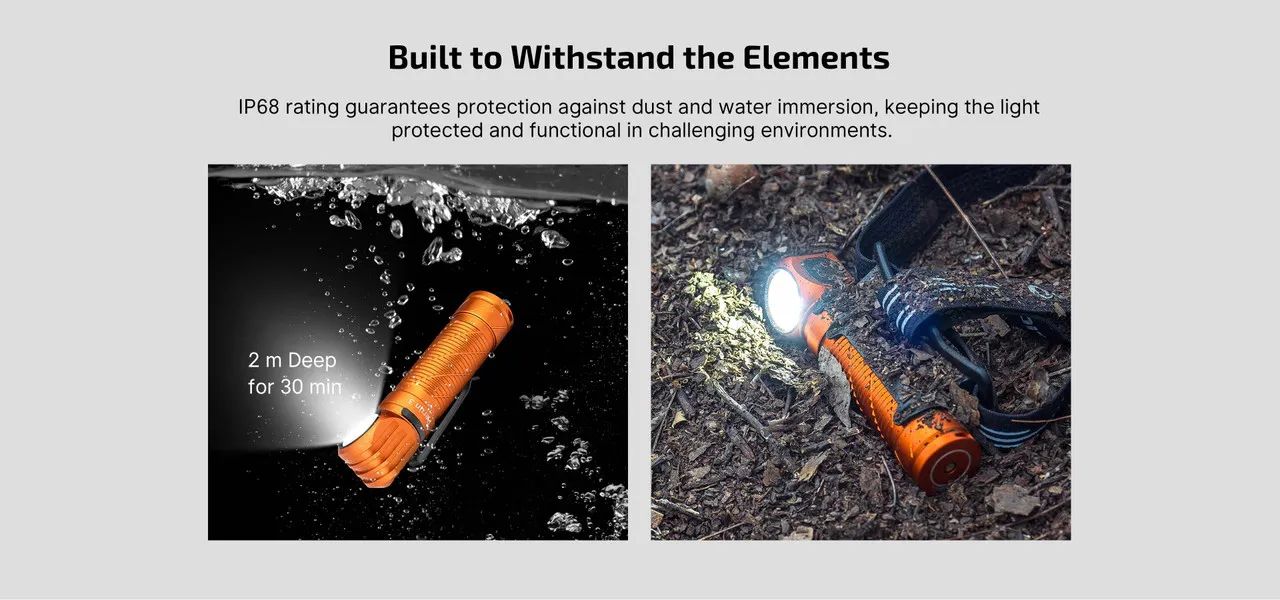 Olight Perun 3 High Performance 3000 lumen rechargeable headlamp shown underwater (IP68) and on dirt, built to withstand elements.
