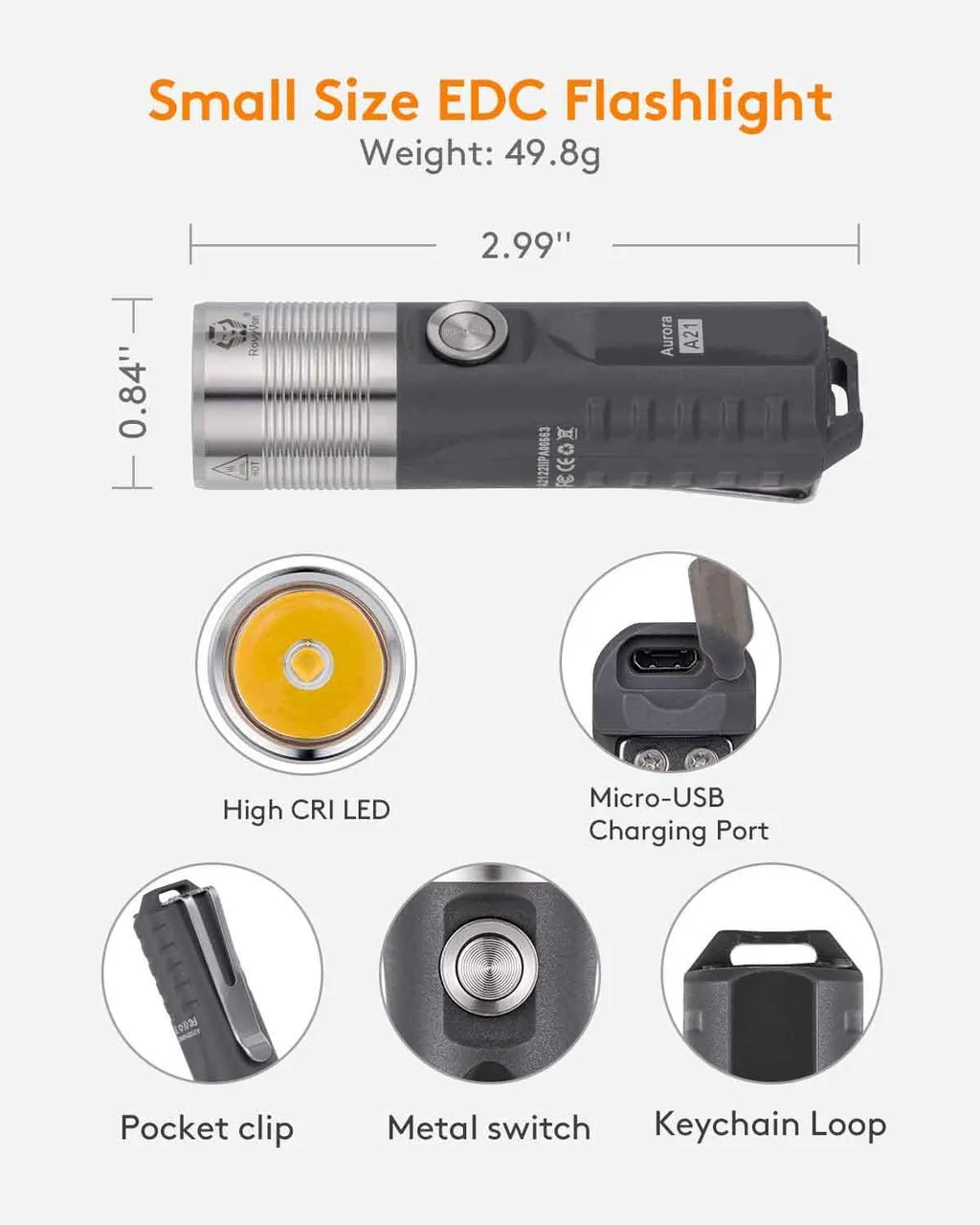 Dimensions and key features of the RovyVon Aurora A21 1000 Lumens Rechargeable EDC Torch, including High CRI LED, Micro-USB port, pocket clip, metal switch, and keychain loop.