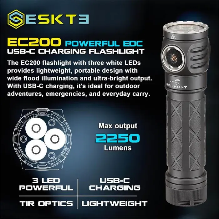 Skilhunt EC200 EDC flashlight with 3 powerful LEDs, 2250 lumens max output, USB-C charging, and lightweight design.