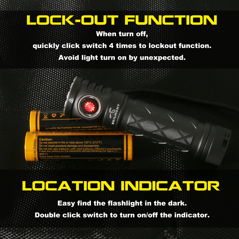Skilhunt EC200 flashlight demonstrating lockout function and location indicator for easy finding in the dark.