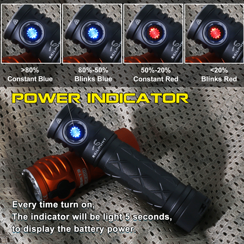 Skilhunt EC200 flashlight power indicator showing battery levels: blue (>80%), blinking blue (50-80%), red (20-50%), blinking red (<20%).