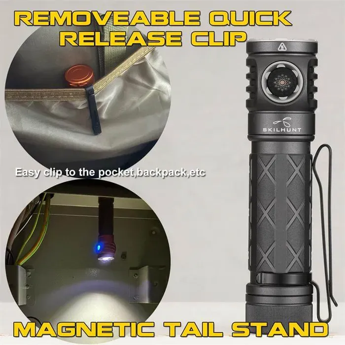 Skilhunt EC200 flashlight showing removable quick-release clip and magnetic tail stand in use.