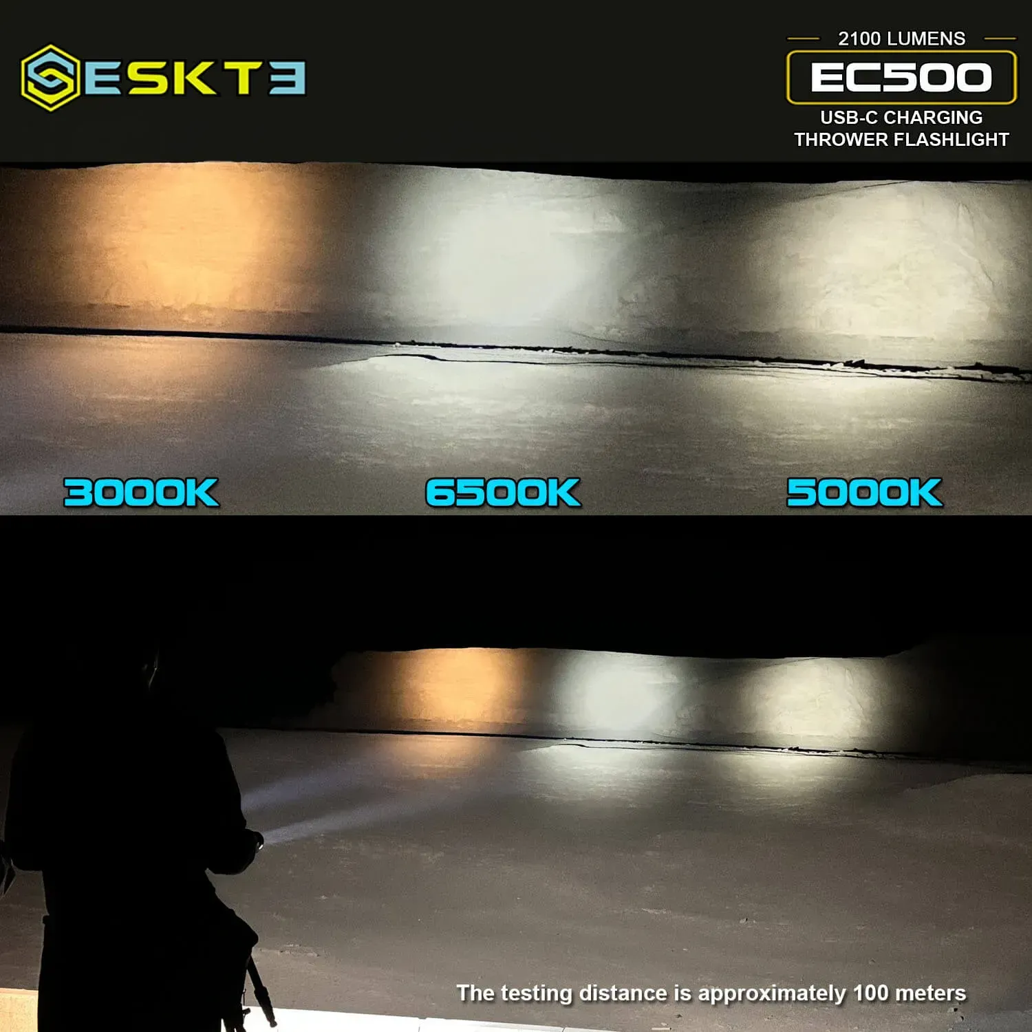 Skilhunt EC500 flashlight beam shots comparing 3000K, 6500K, and 5000K color temperatures at 100 meters.