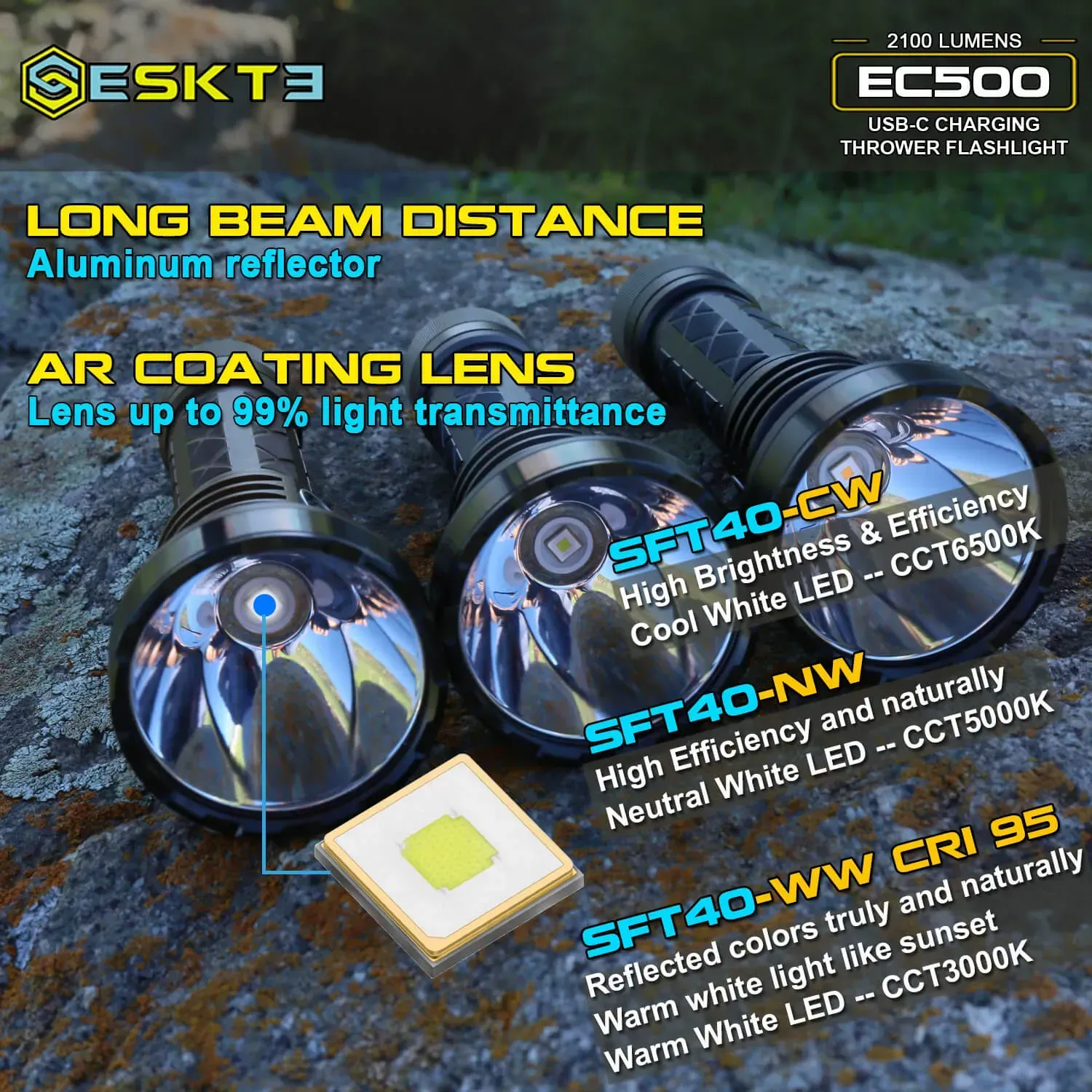Three Skilhunt EC500 flashlights showing SFT40 cool white, neutral white, and warm white CRI 95 LED options.