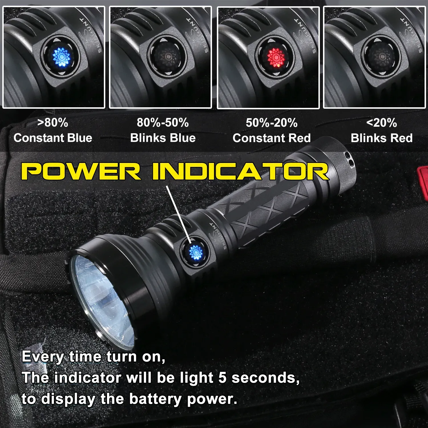 Skilhunt EC500 flashlight power indicator showing battery levels: blue for >80%, red for <50%.