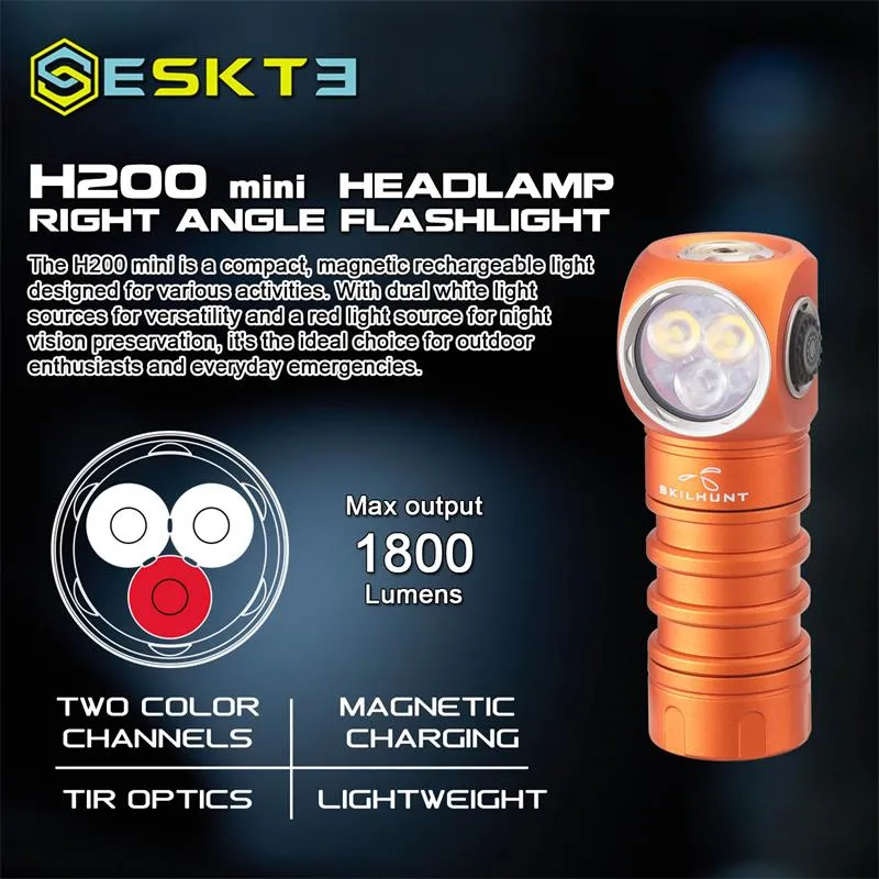 Skilhunt H200 Mini - 18350 Magnetic Rechargeable LED Headlamp overview highlighting 1800 lumens, two color channels, and magnetic charging.