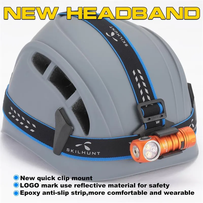 Skilhunt H200 Mini - 18350 Magnetic Rechargeable LED Headlamp mounted on a helmet with the new headband and quick clip.
