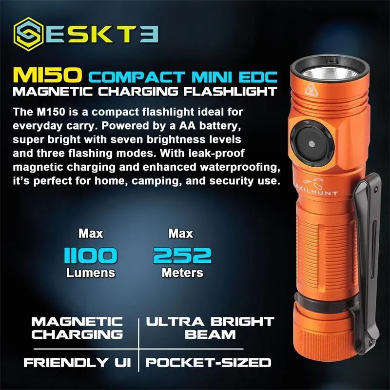 Skilhunt M150 compact orange EDC flashlight with magnetic charging, 1100 lumens, and key features listed.
