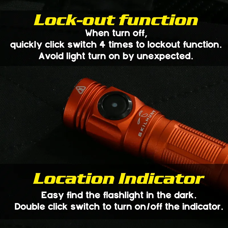 Skilhunt M150 flashlight showing lockout function and location indicator light for easy finding in dark.