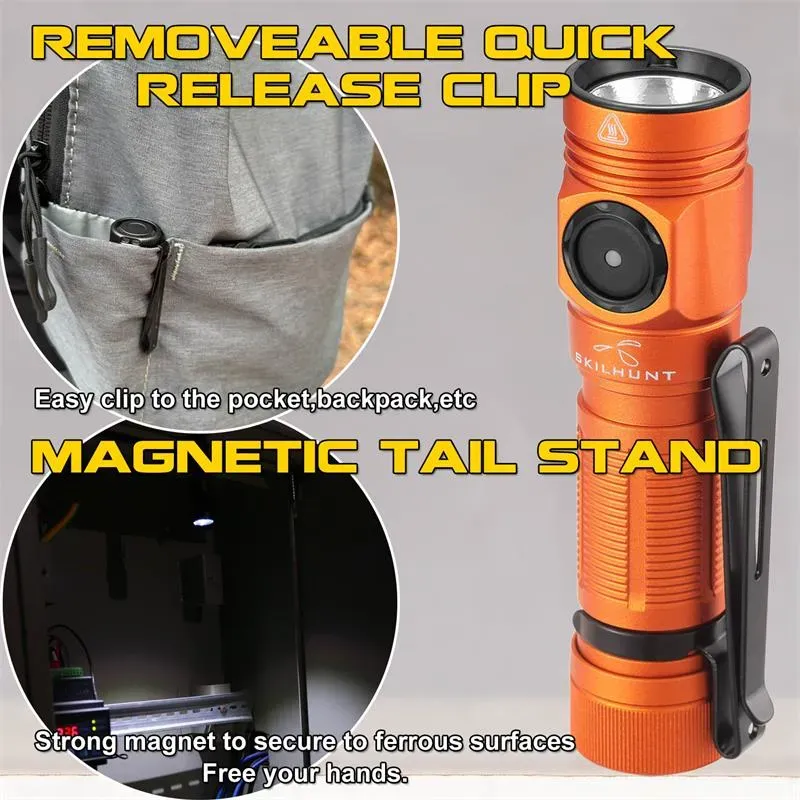 Skilhunt M150 flashlight with quick release clip and magnetic tail stand, shown clipped and mounted.