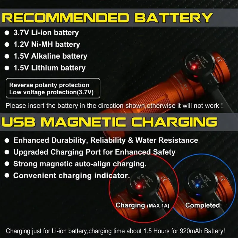 Skilhunt M150 flashlight showing USB magnetic charging port with charging indicator lights and battery types.