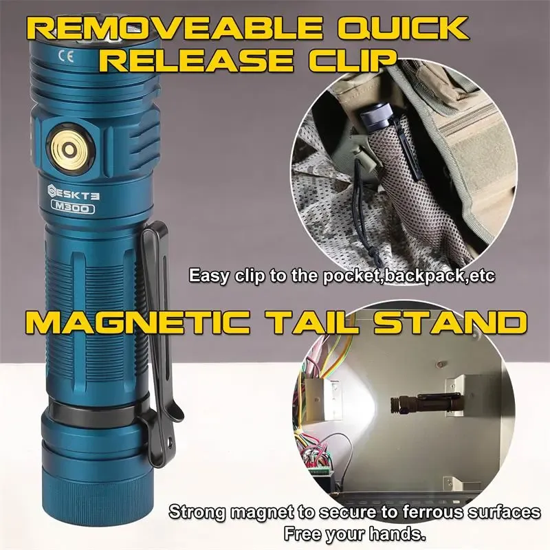 Skilhunt M300 flashlight highlighting its removable quick-release clip and magnetic tail stand for hands-free use.
