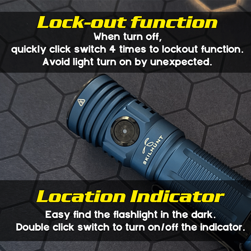 Skilhunt M300 flashlight's side switch demonstrating lock-out function and location indicator for easy finding in dark.