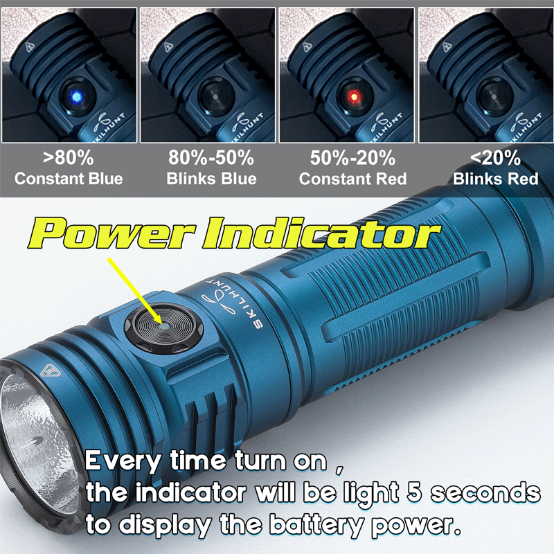 Skilhunt M300 flashlight's power indicator showing battery levels: blue (>80%), blinking blue (80-50%), red (50-20%), blinking red (<20%).