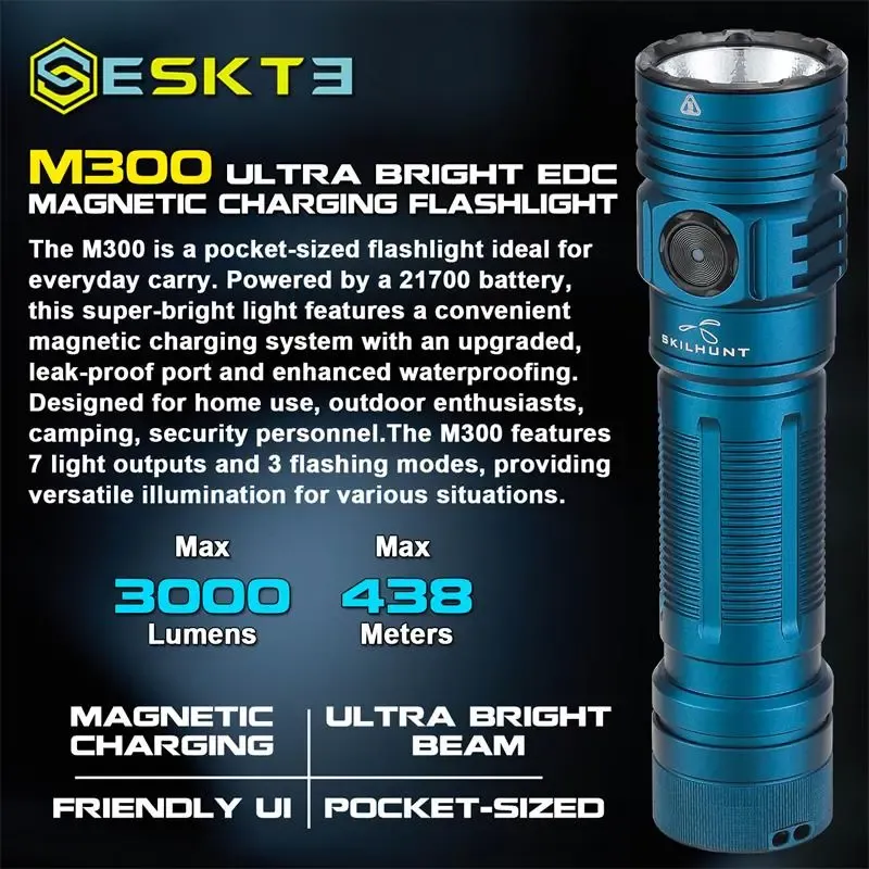 Skilhunt M300 ultra bright EDC magnetic charging flashlight in blue, showing 3000 lumens, 438 meters, and key features.