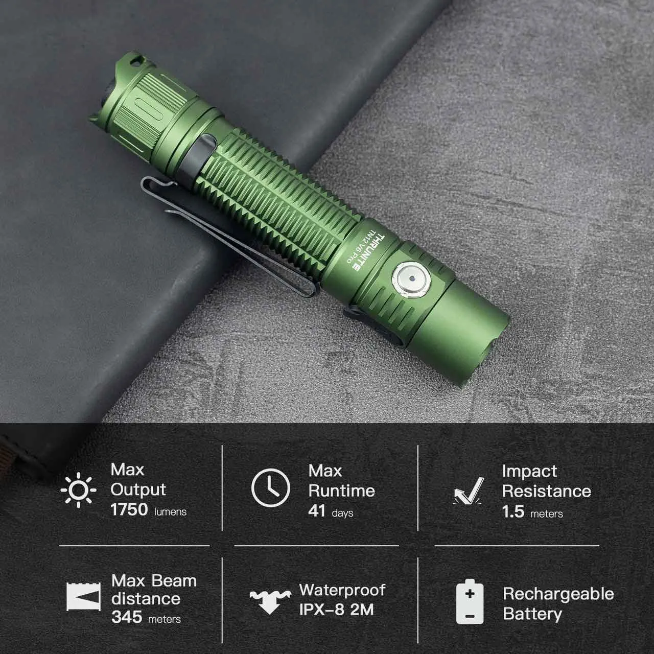 ThruNite BSS V6 Pro Green 1705 Lumen Rechargeable Tactical LED Torch with an overview of its key features and specifications.