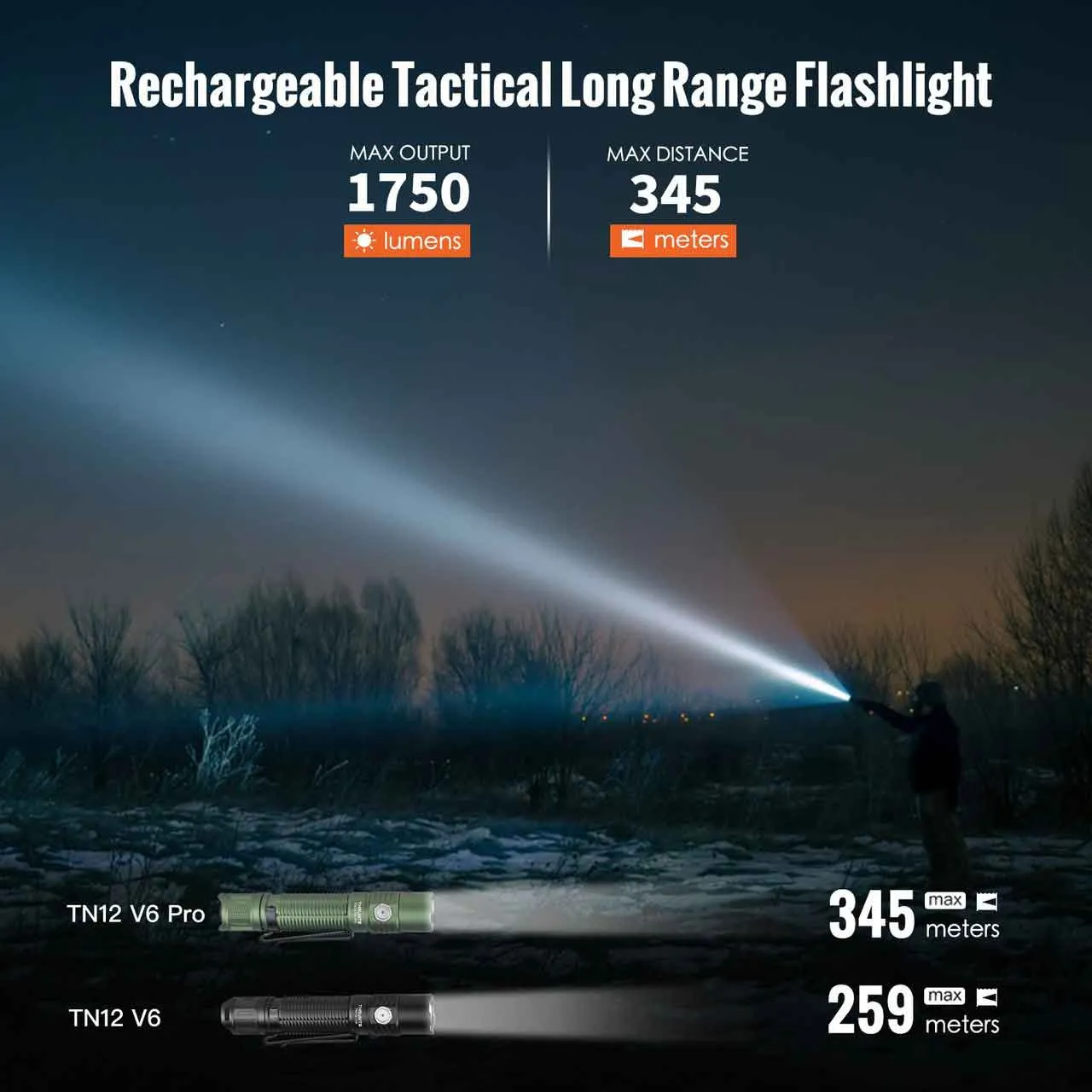 ThruNite BSS V6 Pro Green 1705 Lumen Rechargeable Tactical LED Torch demonstrating 345m long-range beam outdoors.