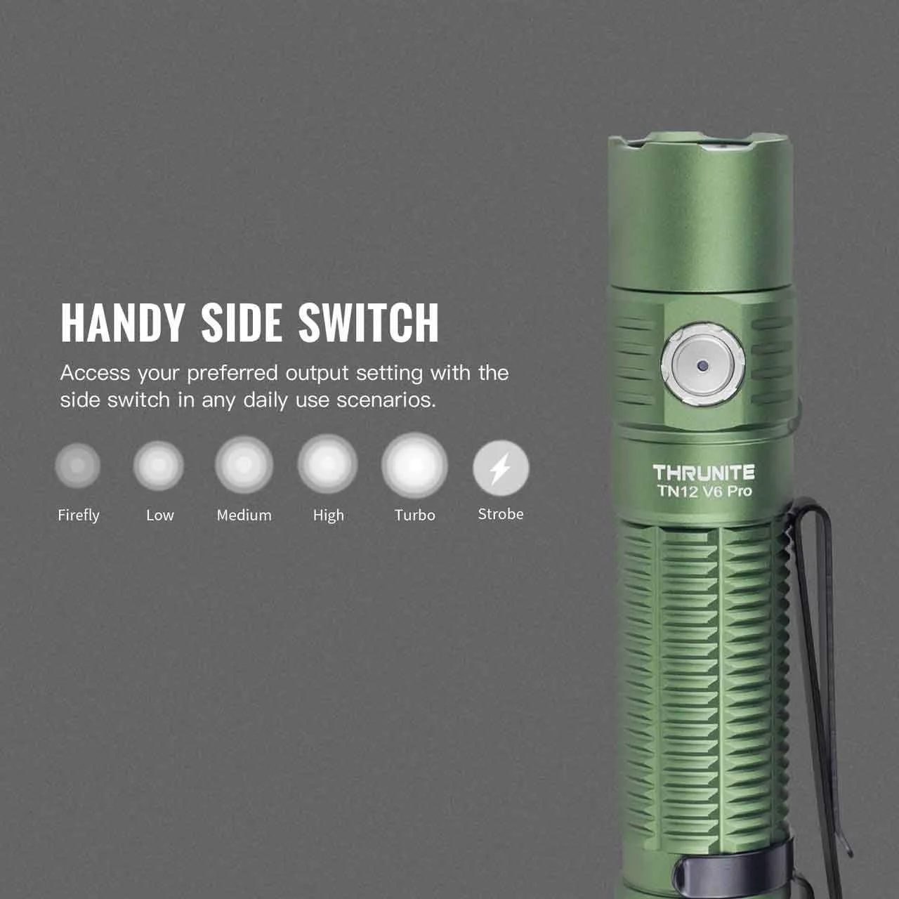 ThruNite BSS V6 Pro Green 1705 Lumen Rechargeable Tactical LED Torch showing the handy side switch and output modes.